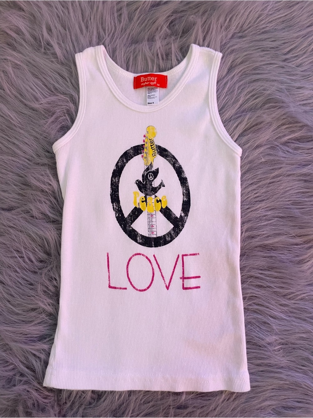 🥳Butter White Ribbed Tank Top with Pink LOVE and Black Peace Graphic